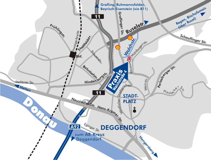 Anfahrtsskizze zur Praxis für Mund-, Kiefer- und Gesichtschirurgie Udo E. Novacek in 94469 Deggendorf 